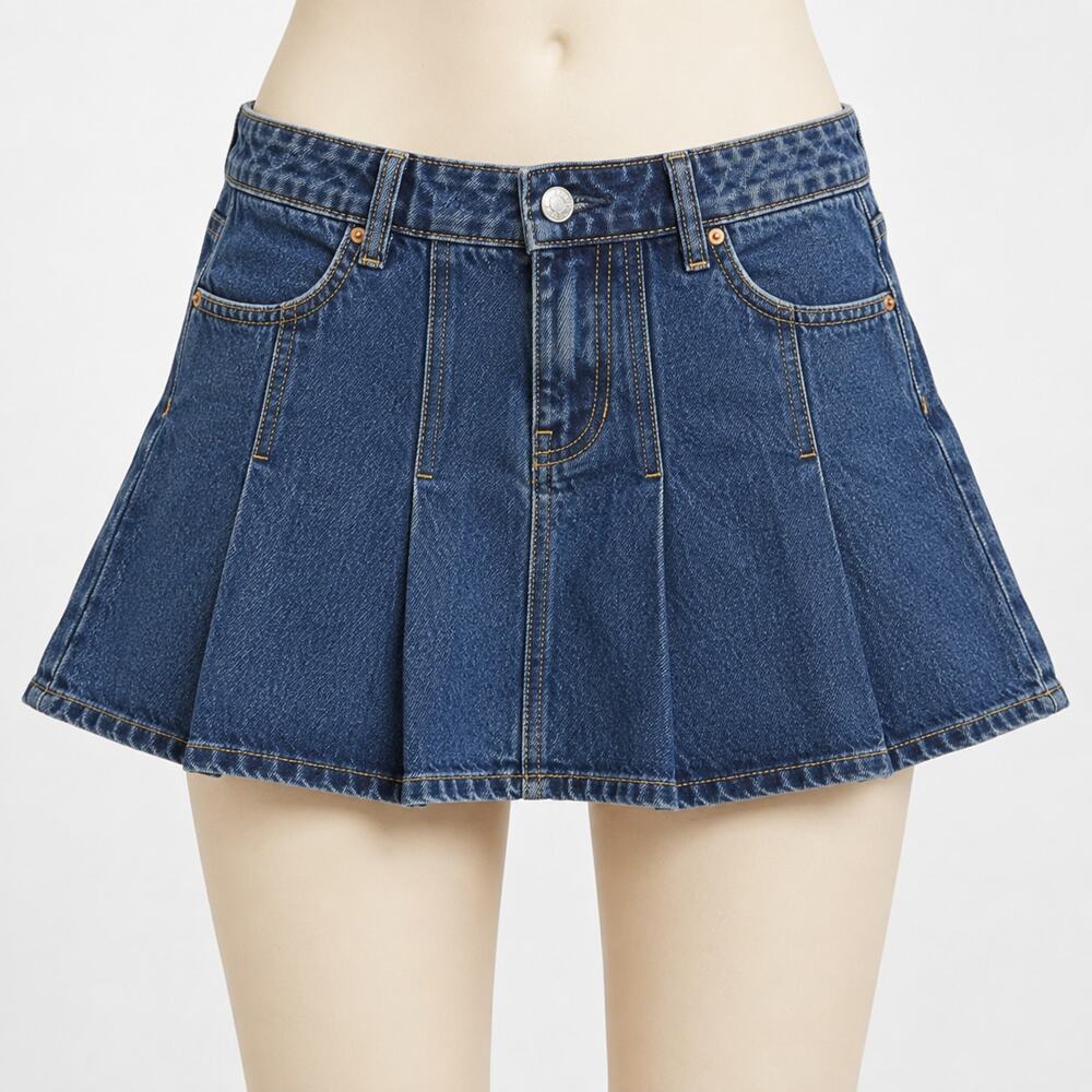 PACSUN Dark Blue Pleated Denim Mini Skirt Women's 25 100% Cotton